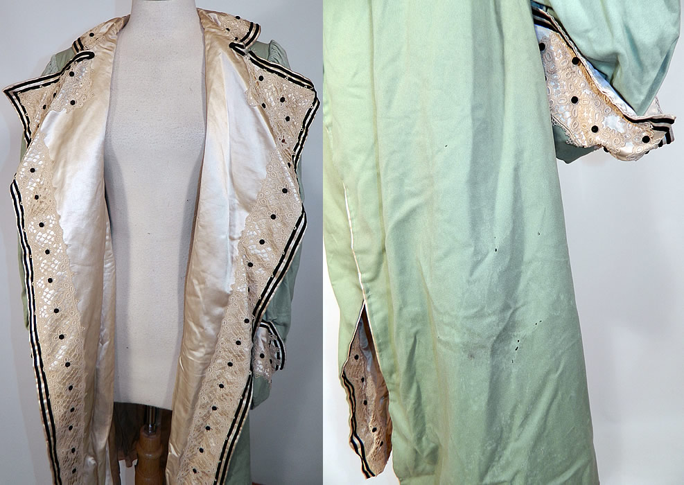 Edwardian Mint Green Wool Black Velvet White Lace Trim Winter Traveling Coat. It is fully lined in  silk, with an inside pocket and decorative trim along the front opening. The coat measures 45 inches long, with 45 inch hips, a 45 inch waist, 40 inch bust, 13 inch back and 25 inch long sleeves.