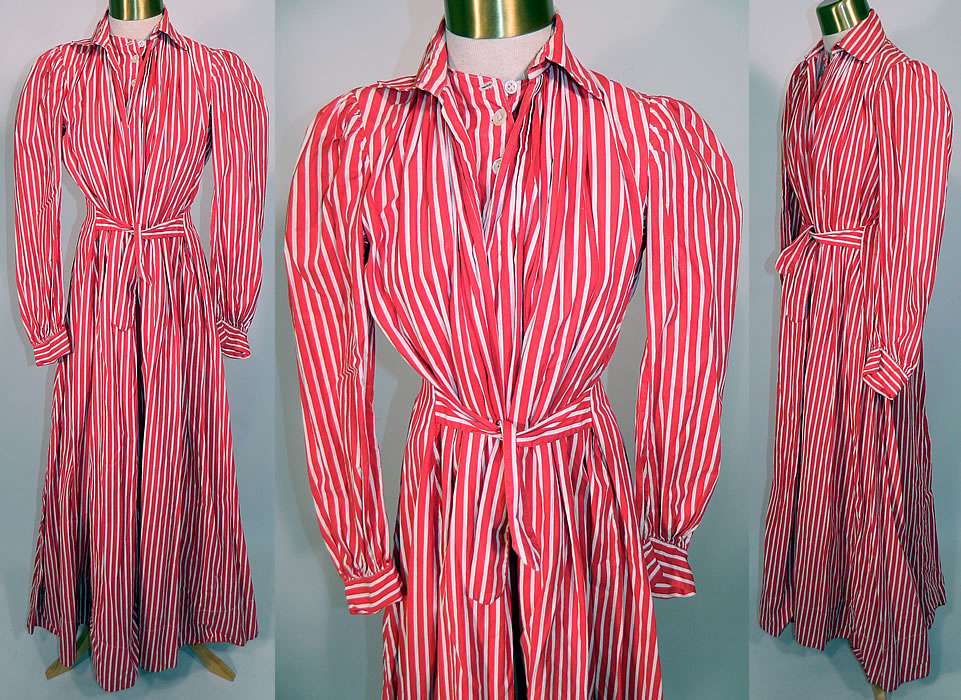 Victorian Red & White Candy Cane Stripe Wrapper Morning Robe Dress Gown. It is made of a red and white candy cane stripe cotton fabric. This handsome holiday wrapper robe style morning dress gown is loose fitting, a long floor length, with a fold over collar, open front with button down insert bodice top sewn inside, a belted tie sash front, gathered shoulders, long full sleeves with fitted cuffs and a fitted pleated back. 