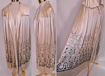 Vintage Art Deco Cream Silk Pleated Black Embroidered Evening Flapper Cloak Cape