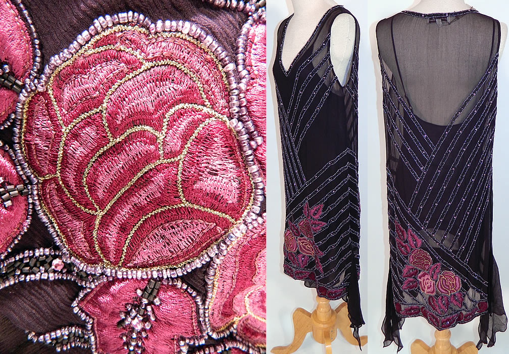 Vintage Jovovich Hawk  Black  Silk  Beaded Embroidered Roses Flapper Dress NWT. The dress  measures 36 inches long, with 34 inch hips, a 34 inch waist and 34 inch bust. Included is the sheer black silk chiffon full slip, with adjustable shoulder straps. It is in excellent unworn condition, with the original tags still attached. This is truly a wonderful piece of reproduction Art Deco wearable beaded textile art! 