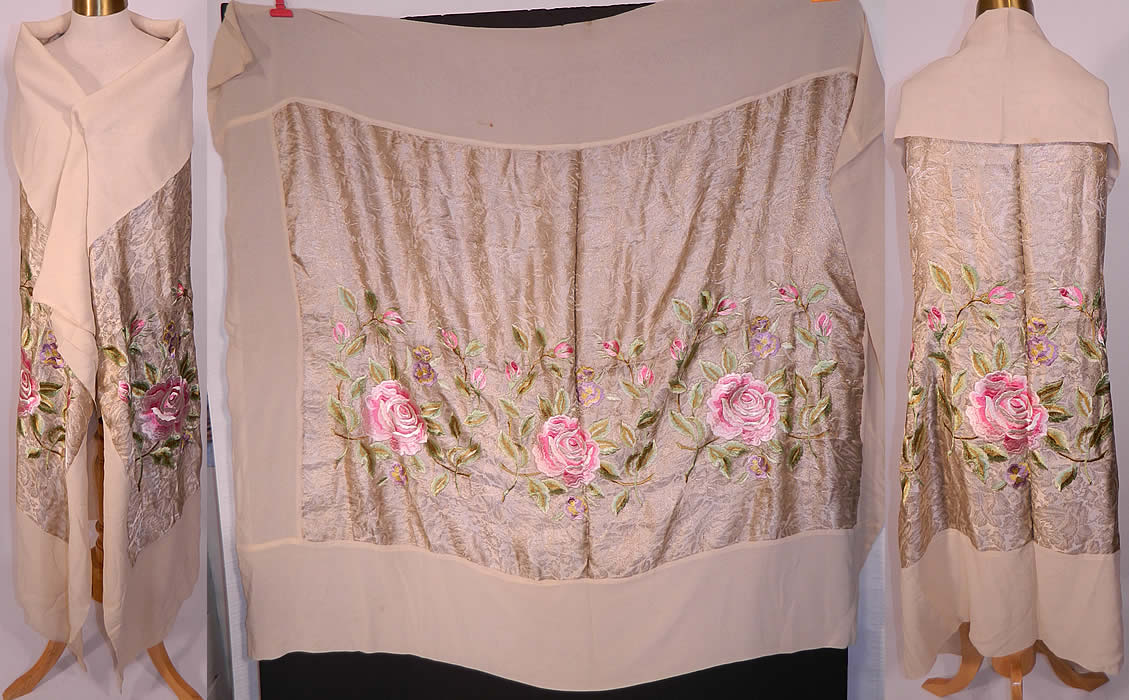 Vintage Embroidered Pink Roses Purple Pansies Silver Lame Lamé Cream Silk Shawl. This vintage antique embroidered pink roses, purple pansies silver lamé cream silk shawl dates from the 1920s. It is made of an off white cream color silk chiffon fabric trim border and background with silver metallic lamé threads woven into the fabric center creating a floral damask brocade pattern.