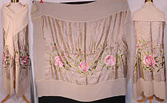 Vintage Embroidered Pink Roses Purple Pansies Silver Lame Lam&eacute; Cream Silk Shawl