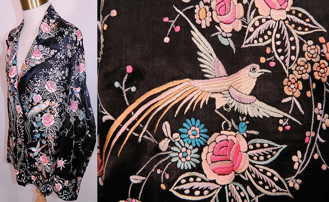 Vintage Chinese Black  Silk Pastel Embroidered Bird Piano Shawl Jacket. This exquisitely embroidered quality made jacket has a mid length loose fitting style, with long full sleeves, an embroidered wide lapel collar, silk button front closure and is fully lined in silk inside. It was created from an antique 1920s finely embroidered Canton Chinese piano shawl fabric. 
