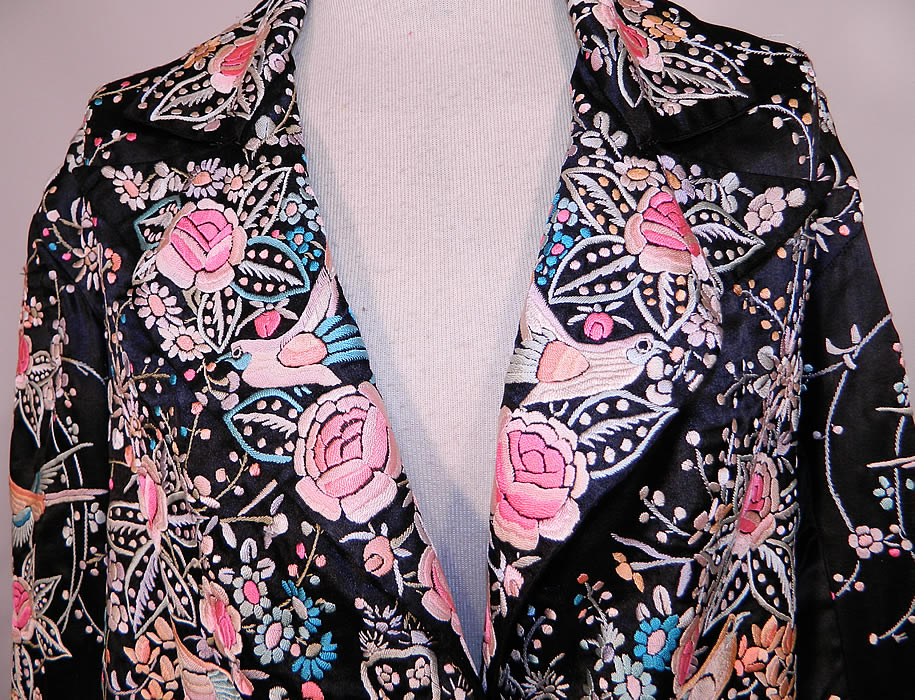 Vintage Chinese Black  Silk Pastel Embroidered Bird Piano Shawl Jacket. The jacket measures 27 inches long, with a 40 inch waist, 40 inch bust, 15 inch back and 21 inch long sleeves. It is in excellent condition. This is truly a wonderful piece of wearable Chinese embroidery textile art! 