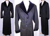 Edwardian Black Wool Velvet Lapel Trim Winter Walking Suit Jacket Coat & Skirt