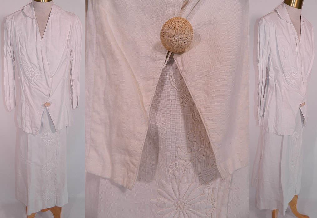 Edwardian White Linen Soutache Embroidery Work Walking Suit Jacket & Skirt. This vintage Edwardian Titanic era white linen soutache embroidery work walking suit jacket and skirt dates from 1912. It is made of a white linen fabric, with white soutache, raised padded satin stitch, French knot embroidery work done in a decorative daisy floral vine leaf design.
