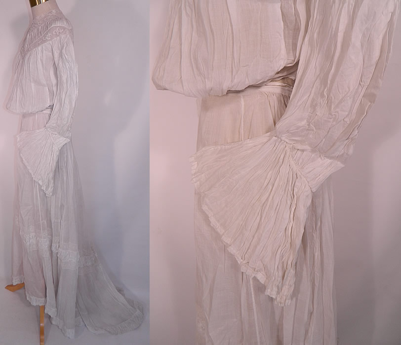 Edwardian White Batiste Lawn Lace Wedding Dress Blouse Skirt Train. . There is matching fabric, long floor length full skirt, with back train, hook closures and is unlined.  The skirt measures 41 inches long in the front, 46 inches long in the back, with a 22 inch waist. 