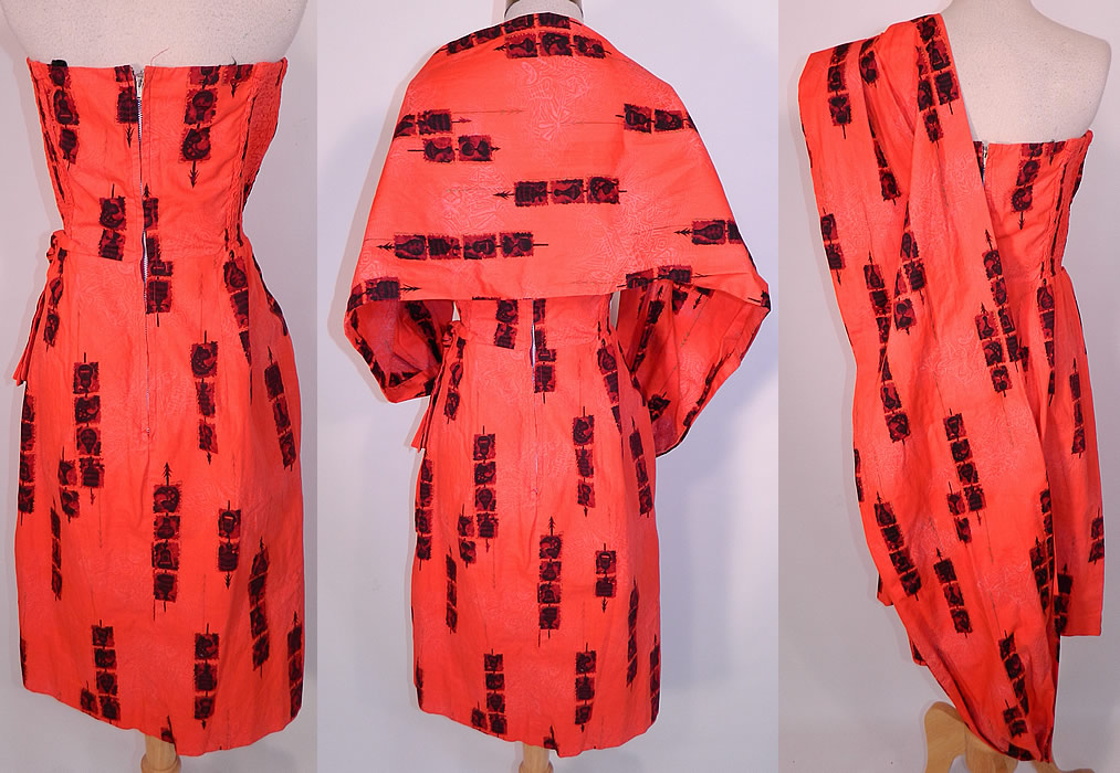 Vintage Hale Hawaii Red Hawaiian Tapa Print Cotton Sarong Dress Stole Wrap Shawl. Included is a matching fabric stole wrap shrug shawl with pleating, which attaches with button loops inside the front top on one side (see close-up). The stole measures 54 inches long and is 15 inches wide. It is in good condition. This is truly a wonderful piece of collectable Hawaiiana vintage textile art! 