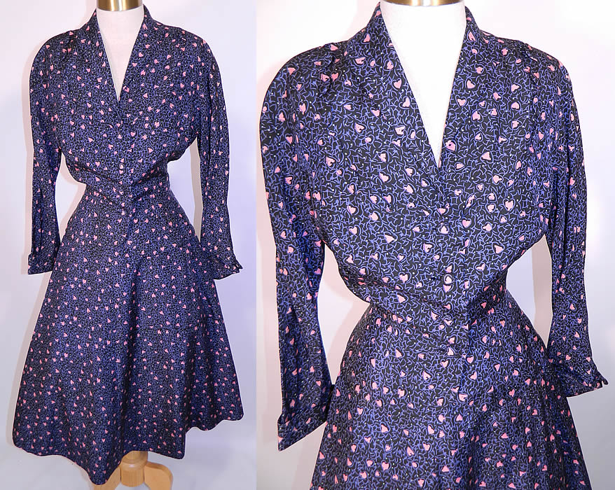 Vintage Mollie Parnis Heart Novelty Print Silk Circle Skirt Peplum Suit Jacket Dress. This vintage Mollie Parnis heart novelty print silk circle skirt peplum suit jacket dress dates from the 1950s. The top measures 30 inches long, with a 28 inch waist, 40 inch bust, 15 inch back and 21 inch long sleeves. There is a matching fabric full circle skirt, fully lined and has a side zipper closure.