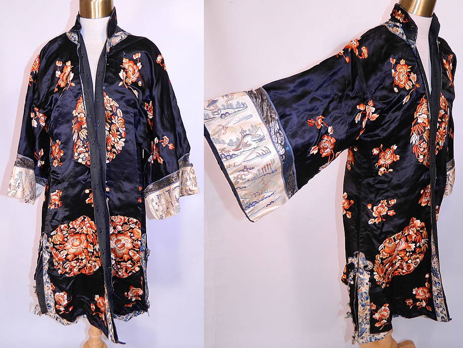 Antique Chinese Silk Embroidered Peach Peony Flower Sleeve Band Cuff Robe Coat. This vintage antique Chinese silk embroidered peach peony flower sleeve band cuff robe coat dates from the 1920s.