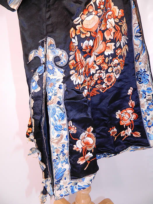 Antique Chinese Silk Embroidered Peach Peony Flower Sleeve Band Cuff Robe Coat.It is made of a black silk fabric, with orange silk raised padded satin stitch hand embroidery work of peaches and peony flowers with roundel medallions.