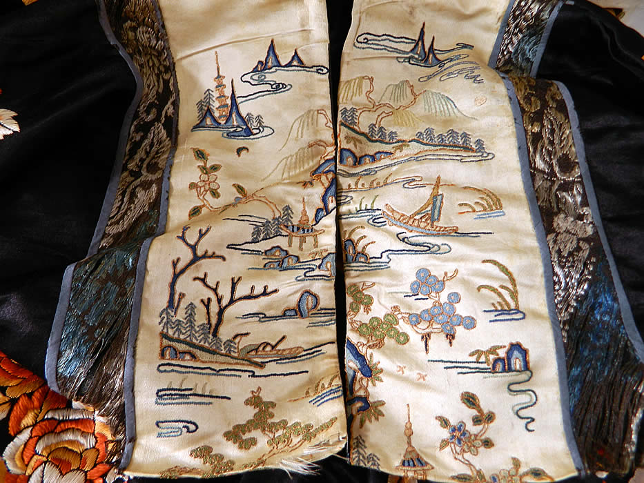 Antique Chinese Silk Embroidered Peach Peony Flower Sleeve Band Cuff Robe Coat. This needs some restoration, could be reworked and is still a wonderful piece of wearable Chinese art! 