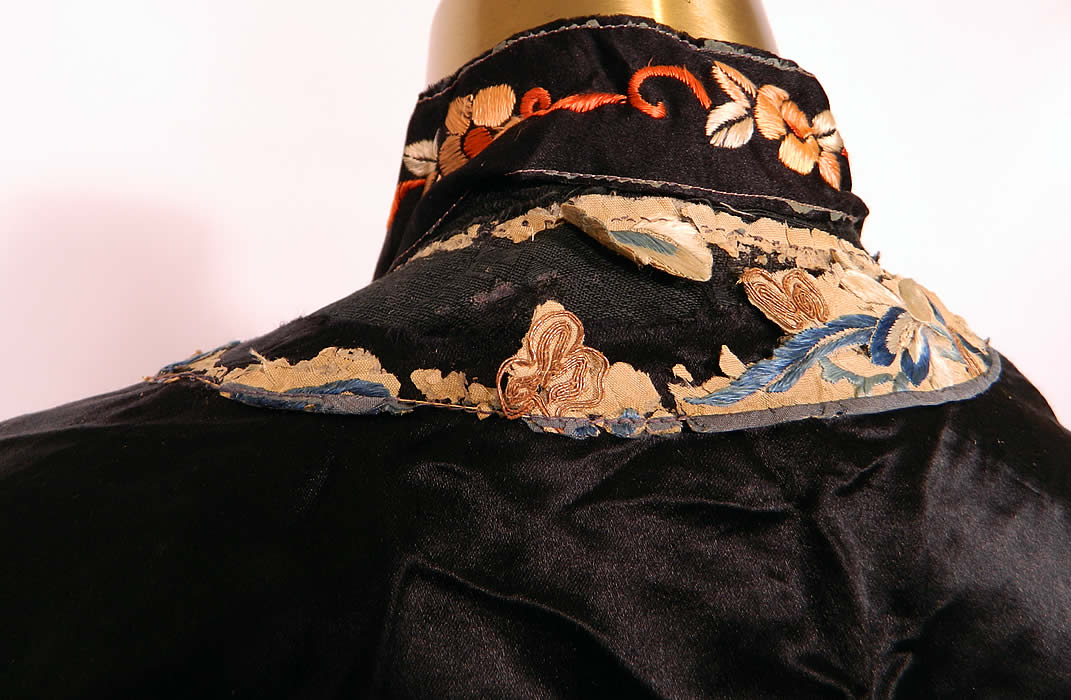 Antique Chinese Silk Embroidered Peach Peony Flower Sleeve Band Cuff Robe Coat. 