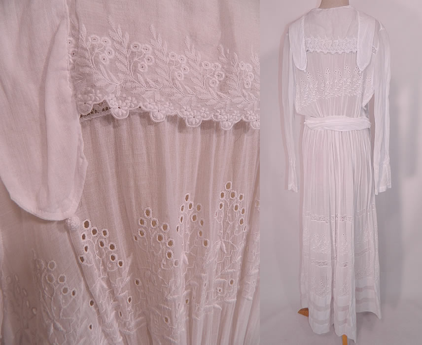 Edwardian Eyelet Embroidered White Cotton Batiste  Lace Graduation Wedding Dress. The dress measures 57 inches long, with  a 28 inch waist, 40 inch bust, 14 inch back and 25 inch long sleeves.