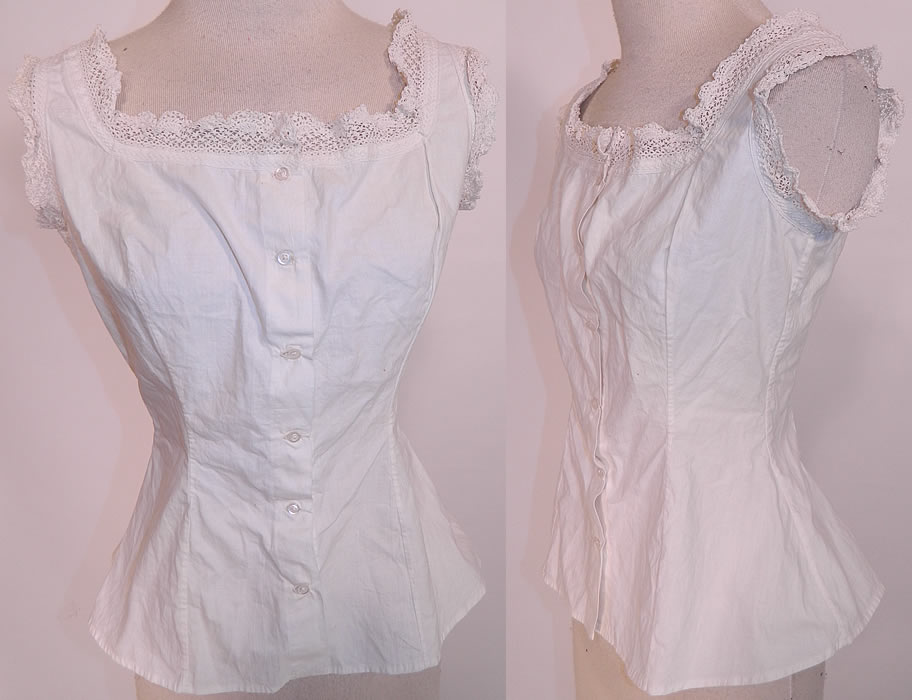 Victorian White Cotton Lace Lingerie Camisole Corset Cover Blouse Top. This antique Victorian era white cotton lace lingerie camisole corset cover blouse top dates from 1880. It is made of a white cotton fabric, with a white lace yoke and sleeve trim edging.
