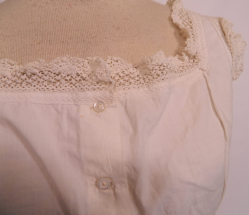 Victorian White Cotton Lace Lingerie Camisole Corset Cover Blouse Top. This lovely lingerie camisole corset cover top undergarment has a lace ruffle trim neckline, sleeveless, with a fitted peplum skirted waist and tiny mother of pearl buttons down the front for closure.