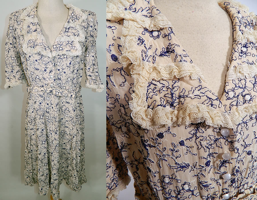 Vintage White Cotton Lace Blue Embroidered Stitching Belted Swing Day Dress. This vintage white cotton lace blue embroidered stitching belted swing day dress dates from the late 1930s. 