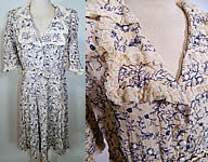 Vintage White Cotton Lace Blue Embroidered Stitching Belted Swing Day Dress. 