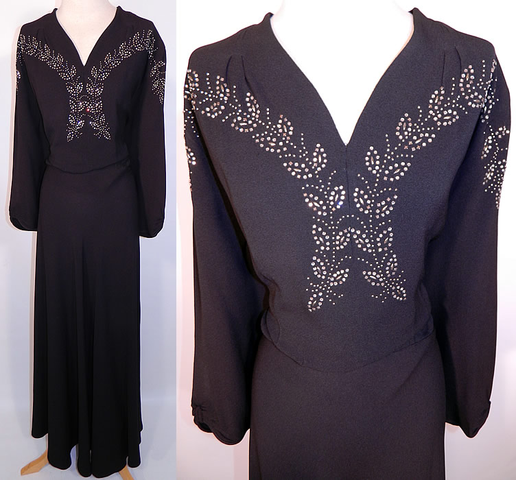 Vintage Black Silk Crepe Silver Studded Rhinestone Beaded Evening Gown Dress. This vintage black silk crepe silver studded rhinestone beaded evening gown dress dates from the 1940s. It is made of a black silk crepe fabric, with silver studs and rhinestone beading done in decorative designs on the front top and shoulders...
