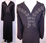 Vintage Black Silk Crepe Silver Studded Rhinestone Beaded Evening Gown Dress