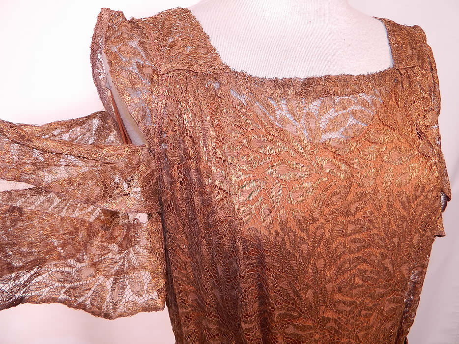 Vintage Copper Lam&eacute; Lace Belted Peplum Evening Gown Dress & Slip. 