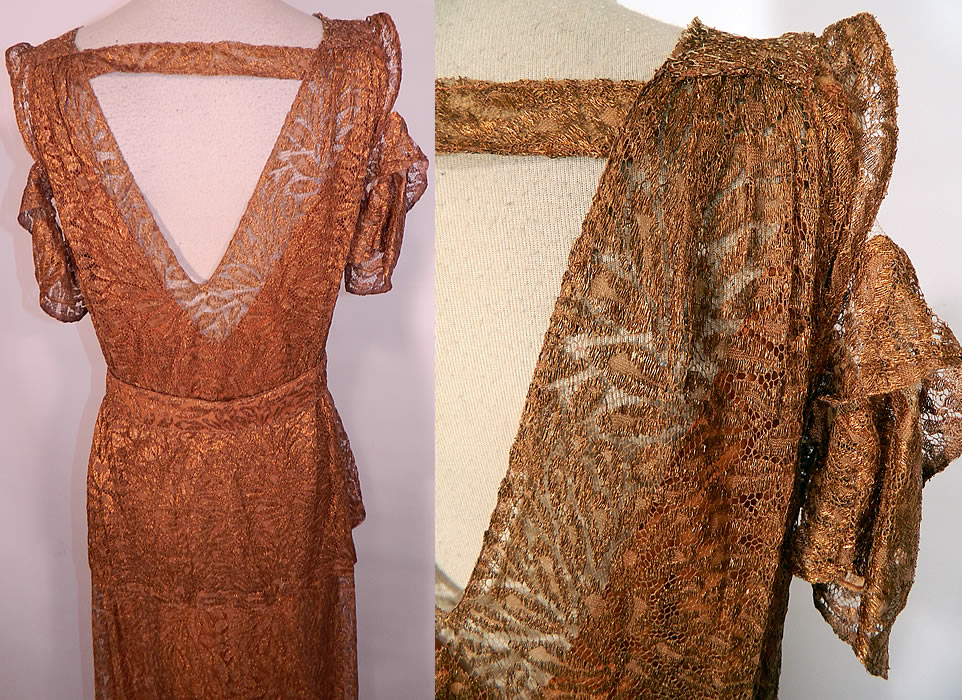 Vintage Copper Lam&eacute; Lace Belted Peplum Evening Gown Dress & Slip. The dress measures 58 inches long, with 36 inch hips, a 30 inch waist and 36 inch bust. It is in good condition, with only a few small frays on the net sleeve trim (see close-up). This is truly a rare copper color and wonderful piece of wearable art! 