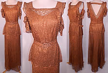 Vintage Copper Lam&eacute; Lace Belted Peplum Evening Gown Dress & Slip