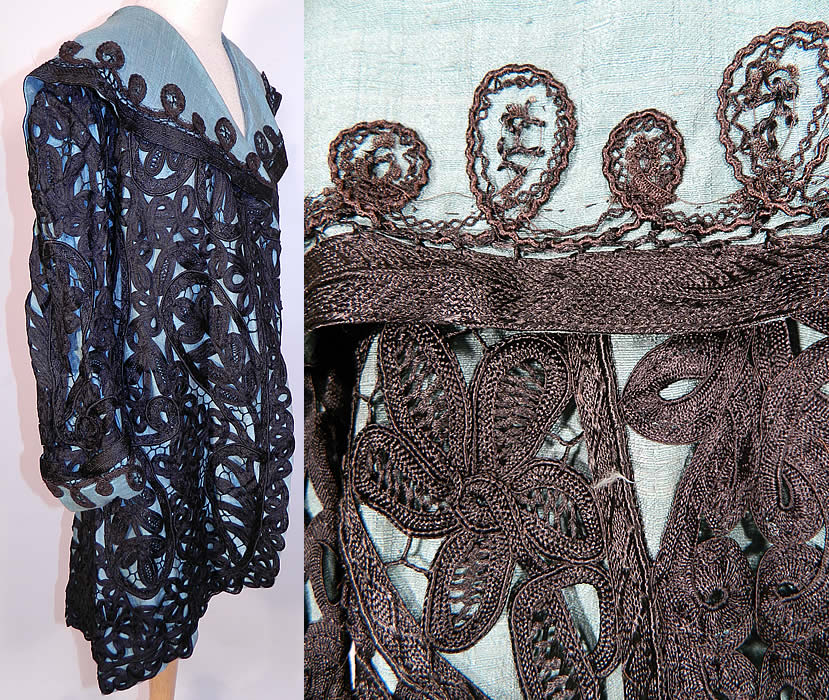 Edwardian Turquoise Blue & Black Silk Battenburg Tape Lace Coat Jacket. It is in excellent condition. This is  an exceptional beautifully hand made unique one of a kind coat, and a rare find of wearable antique textile lace art! 