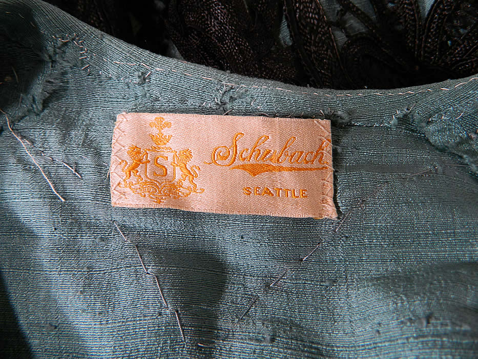 Edwardian Turquoise Blue & Black Silk Battenburg Tape Lace Coat Jacket with a "Schubach Seattle" label sewn inside. 