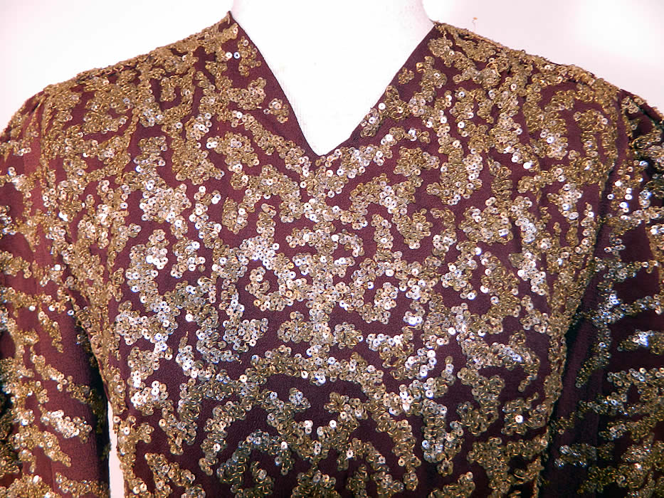 Vintage Brown Silk Crepe Copper Gold Sequin Beaded Evening Gown Dress. 