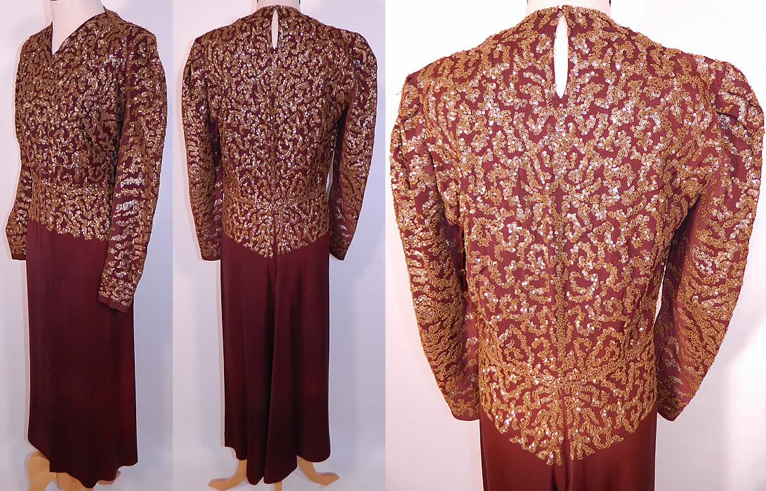 Vintage Brown Silk Crepe Copper Gold Sequin Beaded Evening Gown Dress. 