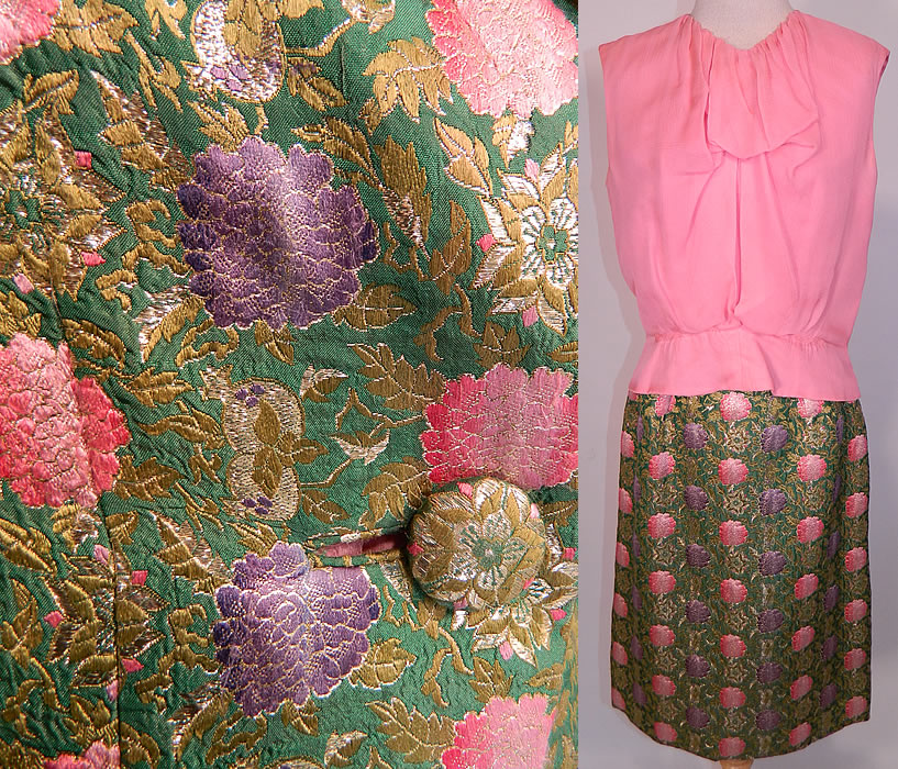 Vintage Christian Dior Floral Lame Lamé Suit Jacket Skirt & Pink Silk Blouse. This fabulous designer suit has a tailored jacket, with fold over collar lapel, long sleeves, a single brocade fabric button closure and is fully lined.