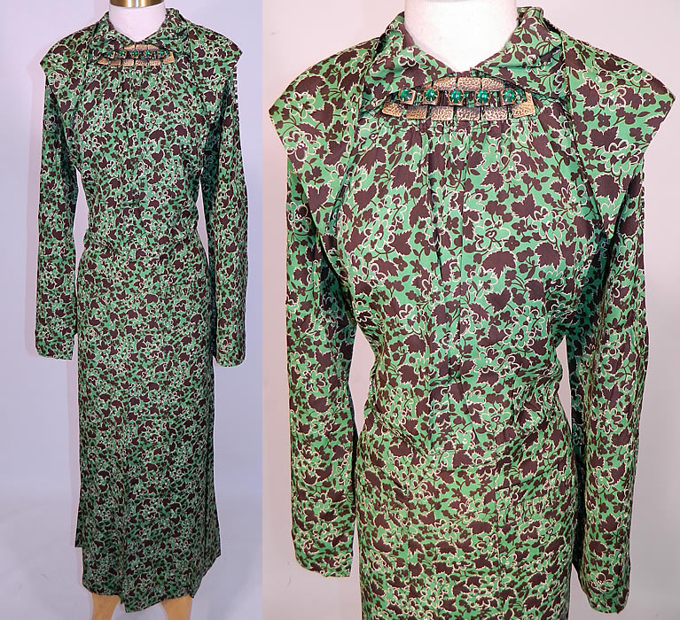 Vintage Green & Brown Grape Leaf Floral Print Silk  Day Dress Jeweled Necklace Trim. This vintage green and brown grape leaf floral print silk day dress jeweled neckline trim dates from the 1930s. It is made of a silk crepe fabric, with a green background, brown & white grape leaf floral camouflage style novelty print. 