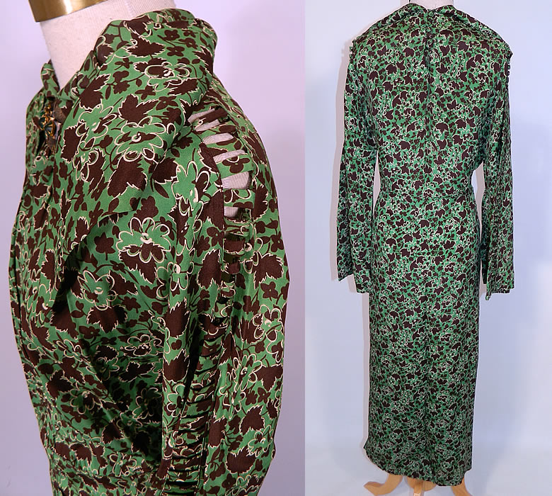 Vintage Green & Brown Grape Leaf Floral Print Silk  Day Dress Jeweled Necklace Trim. The dress measures 50 inches long, with 40 inch hips, a 34 inch waist, 40 inch bust, 15 inch back and 23 inch long sleeves. 