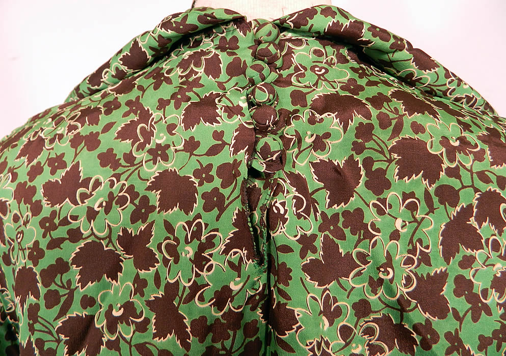 Vintage Green & Brown Grape Leaf Floral Print Silk  Day Dress Jeweled Necklace Trim. It is in good condition, but has not been cleaned. Great for design! This is truly a rare and wonderful piece of wearable art! 