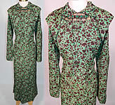 Vintage Green & Brown Grape Leaf Floral Print Silk  Day Dress Jeweled Necklace Trim