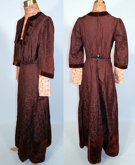 Edwardian Brown Silk Damask Floral Brocade Embroidered Lace High Collar Dress Gown. This beautiful brocade dress has a high collar, cut out neckline, long layered full sleeves, a fitted waist, hook closures down the back and is lined. 