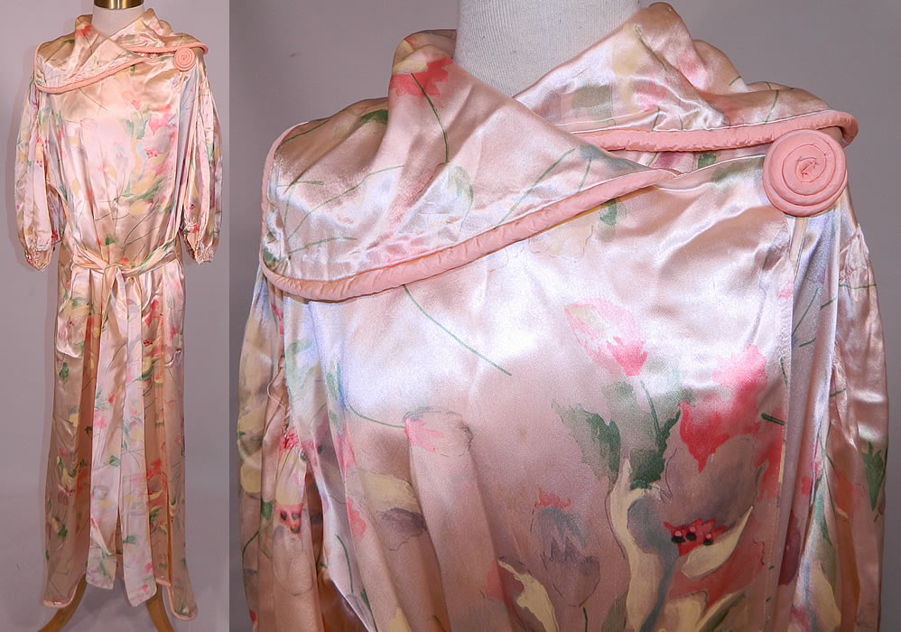Vintage Pink Satin Tulip Water Color Pastel Print Peignoir Dressing Gown Belted Robe. This vintage pink satin tulip water color pastel print peignoir dressing gown belted robe dates from the 1940s.