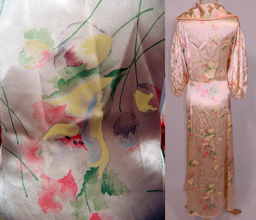 Vintage Pink Satin Tulip Water Color Pastel Print Peignoir Dressing Gown Belted Robe. The robe measures 54 inches long, with 36 inch hips, a 34 inch waist, 40 inch bust and 15 inch back. It is in good condition, but has not been cleaned. This is truly a wonderful unique piece of fine quality romantic wearable lingerie art! 