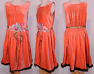 Vintage Coral Velvet Pastel Rosette Gold Lam&eacute; Ribbon Belted Drop Waist Flapper Dress