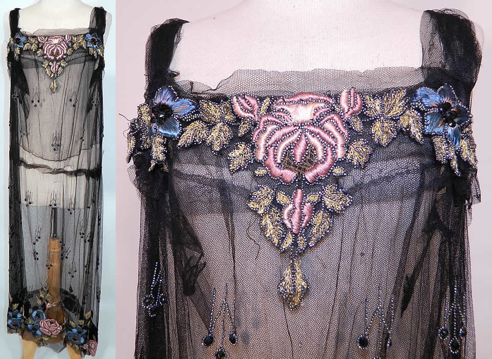 Vintage Black Net Beaded Embroidered Applique Made in France Flapper Dress. This amazing Art Deco vintage black net beaded embroidered applique Made in France flapper dress dates from the 1920s. It is made of a sheer black net fabric, with silver steel cut and black jet beading.