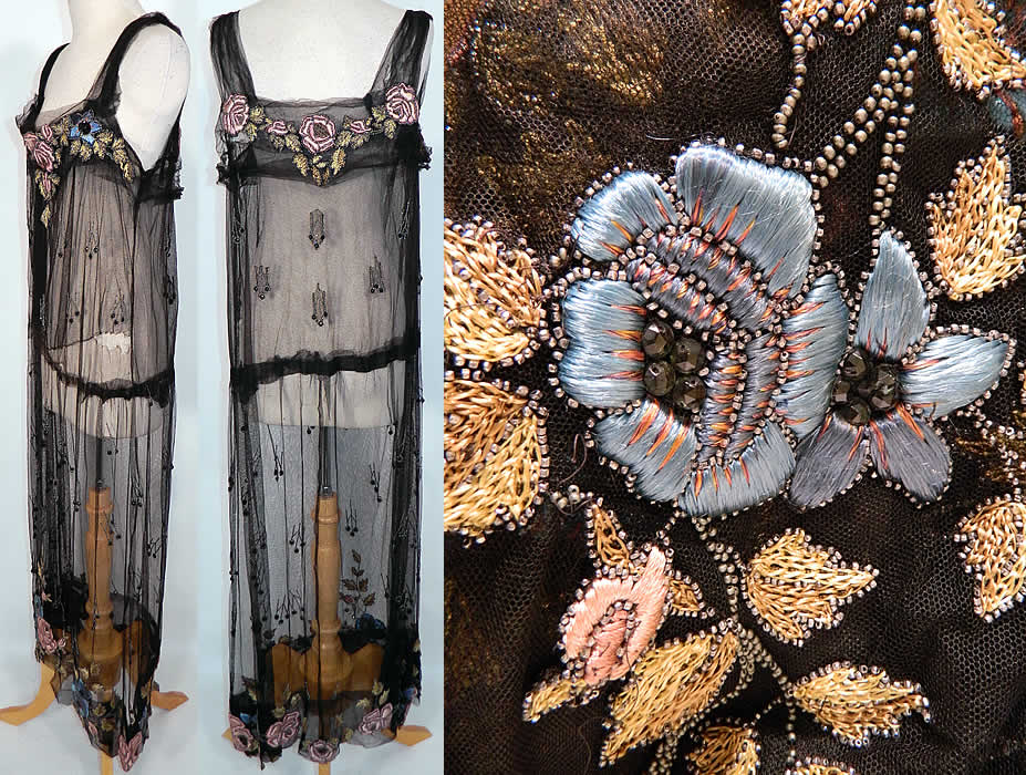 Vintage Black Net Beaded Embroidered Applique Made in France Flapper Dress. The dress measures 52 inches long, with 40 inch hips, a 38 inch waist and 36 inch bust. It is in good condition, with only a few small frayed holes on the skirt waist and some loose beaded appliques. This is truly a beautiful beaded quality French made piece of Art Deco wearable art! 
