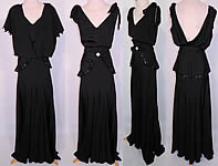 Vintage Black Silk Crepe Belted Peplum Skirt Bolero Jacket Bias Cut Dress Evening Gown