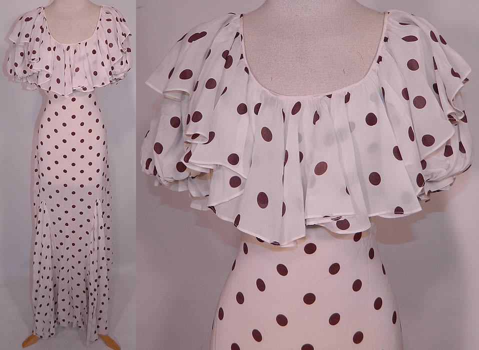 Vintage Brown & White Polka Dot Print Silk  Ruffle Flounce Collar Bias Cut Maxi Dress. This vintage brown and white polka dot print silk ruffle flounce collar bias cut maxi dress dates from the 1930s. It is made of a brown and white polka dot print sheer lightweight silk georgette crepe fabric.