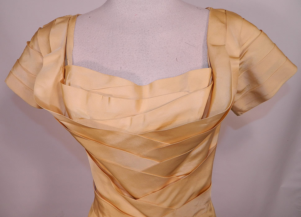 Vintage Ceil Chapman Couture Yellow Silk  Pleated Cocktail Sheath Dress. 