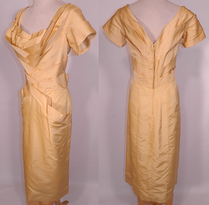 Vintage Ceil Chapman Couture Yellow Silk  Pleated Cocktail Sheath Dress. 