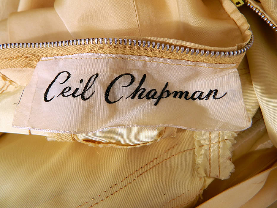 Vintage Ceil Chapman Couture Yellow Silk  Pleated Cocktail Sheath Dress. 