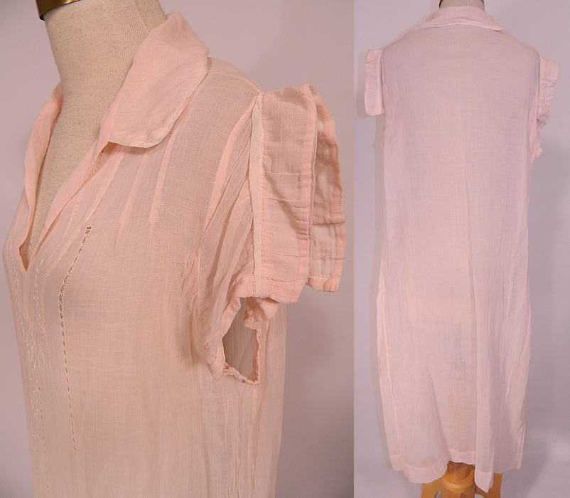 Vintage Pink Cotton White Embroidered Drawn Work Boho Peasant Drop Waist Dress. The dress measures 43 inches long, with 40 inch hips, a 38 inch waist and 38 inch bust. It is in good clean condition. This is truly a wonderful piece of wearable bohemian peasant textile folk art. 