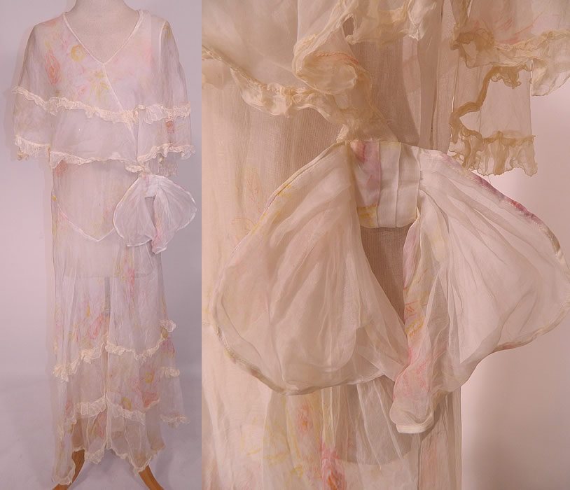 Vintage Over The Garden Wall Pink Roses  White Organdy Ruffle Shawl Collar Bias Cut Dress. This vintage Over the Garden Wall pink roses white organdy ruffle shawl collar bias cut dress dates from the 1930s.