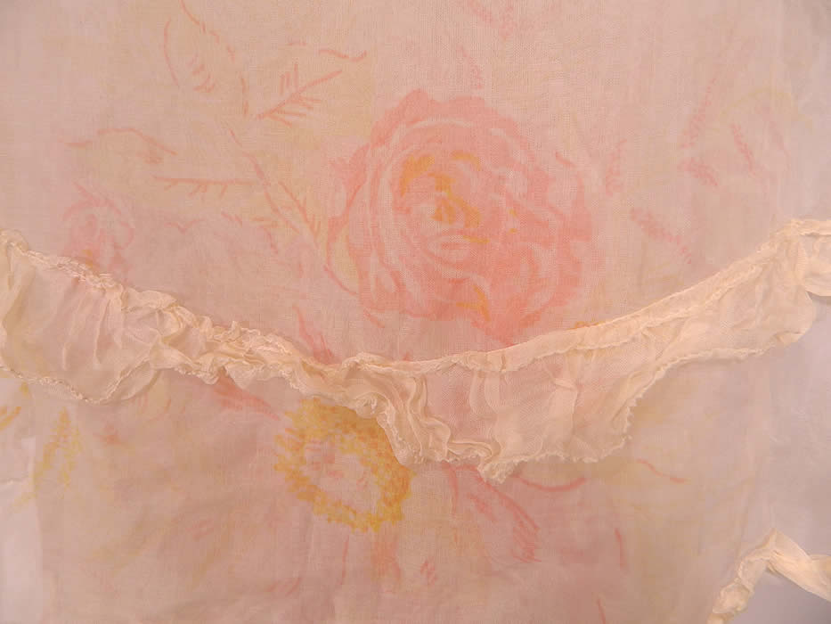 Vintage Over The Garden Wall Pink Roses  White Organdy Ruffle Shawl Collar Bias Cut Dress. 
